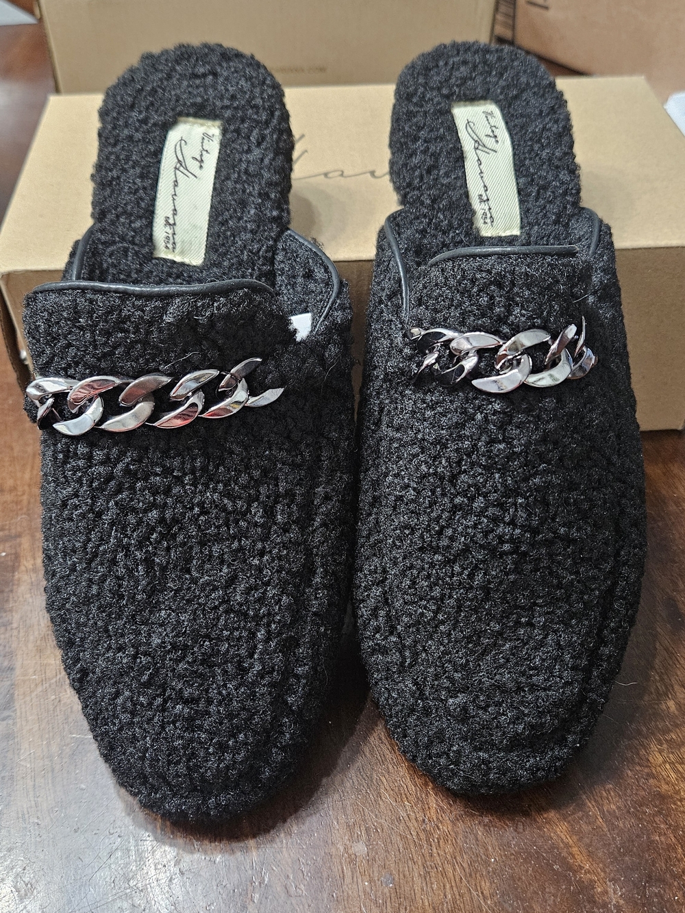 Vintage Havana Black Faux Shearling Chain Slip-On Mules